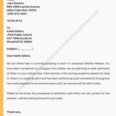Printable Request Letter to Principal for admission