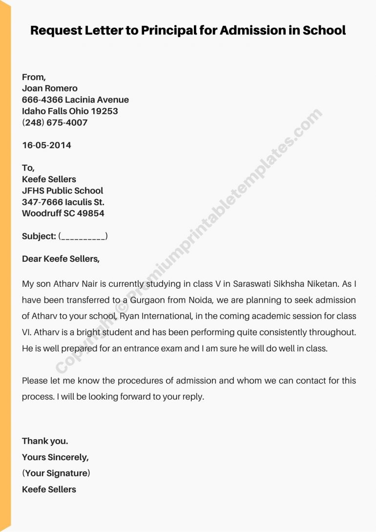 Printable Request Letter to Principal for admission