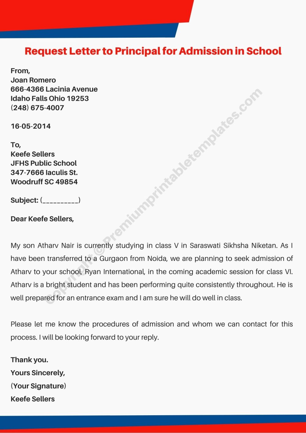 Request Letter to Principal for admission