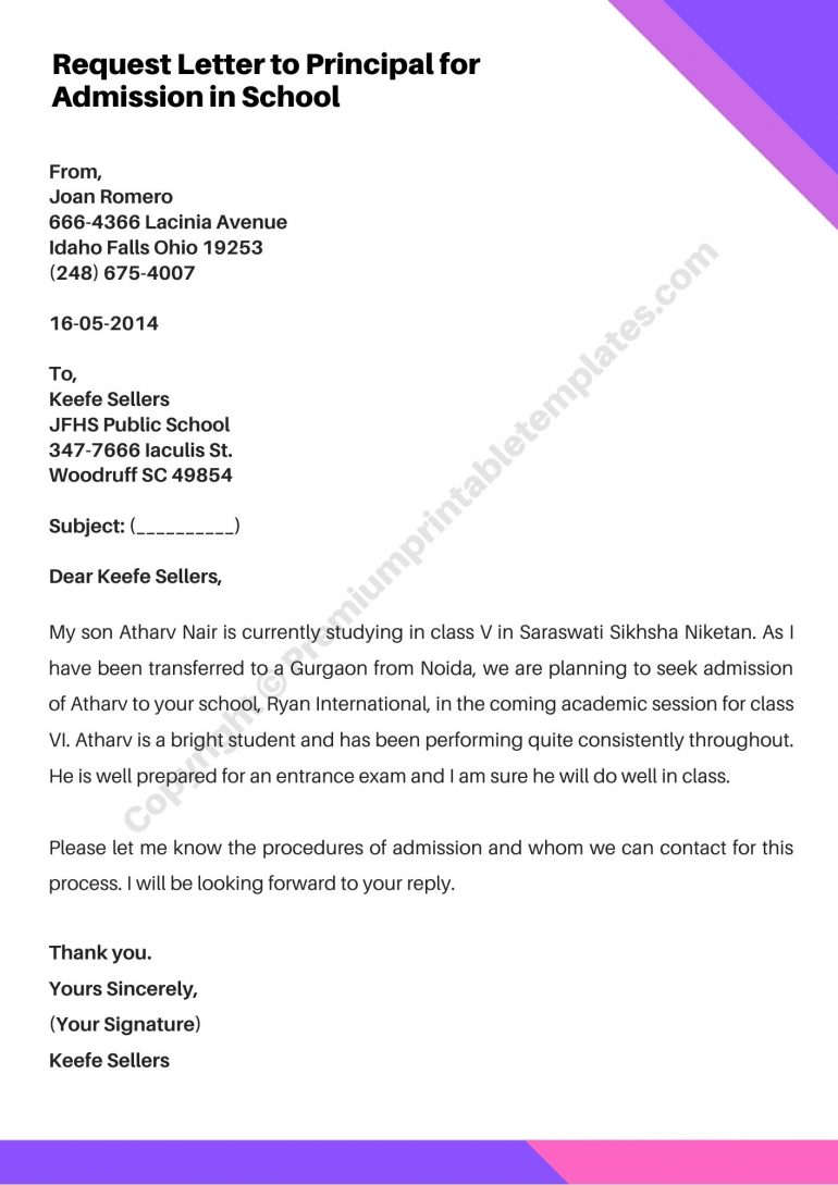 Request Letter to Principal for admission Pdf