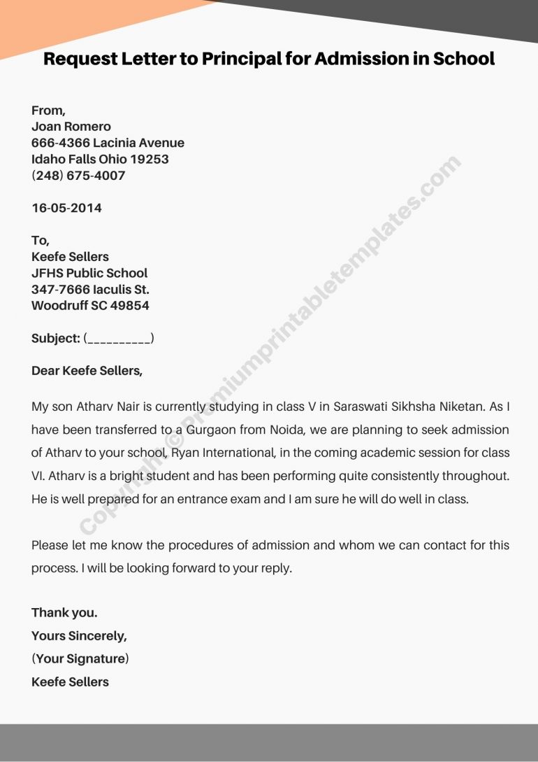 Request Letter to Principal for admission Template