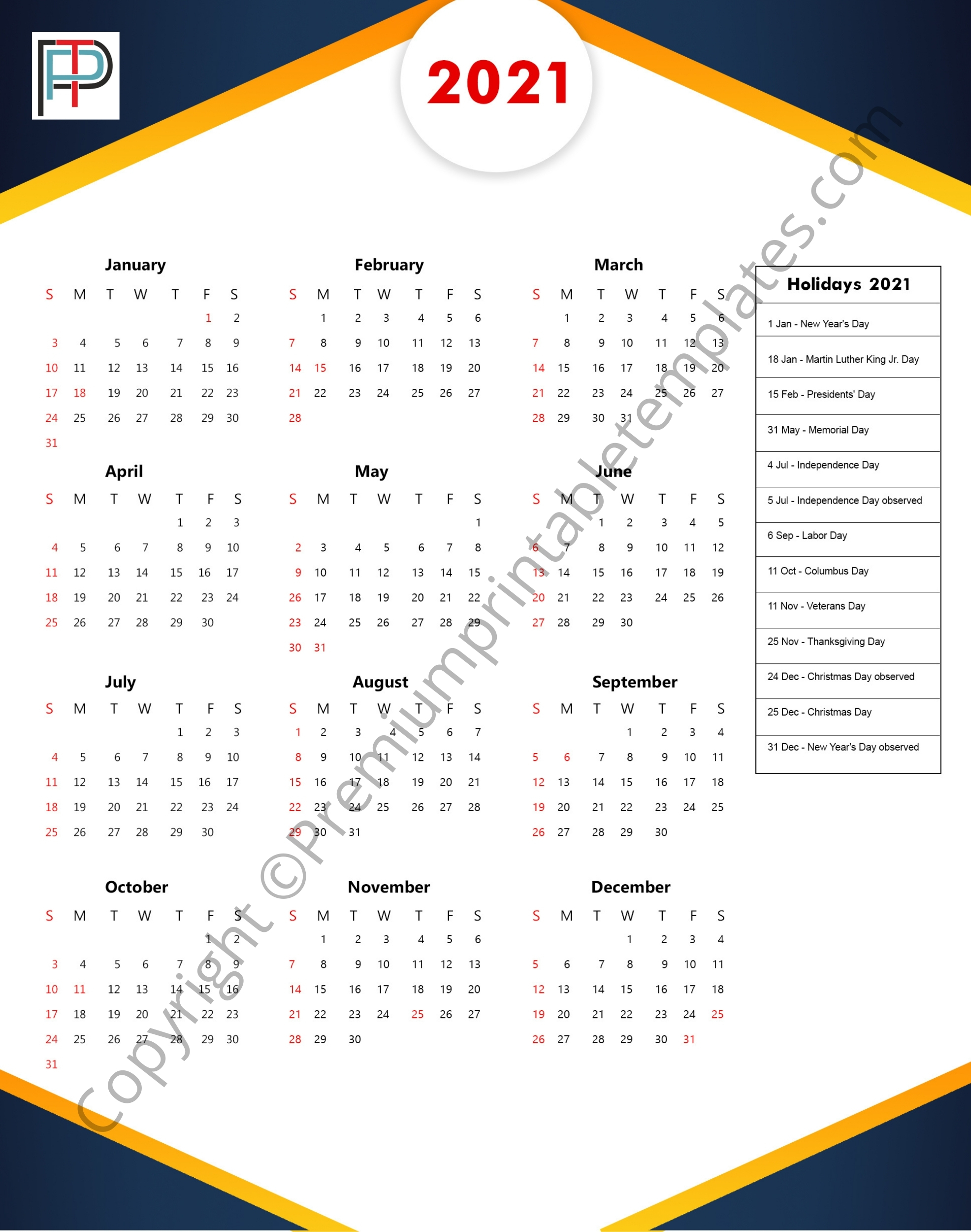 Printable 2021 Yearly Calendar with Holidays in PDF and ...