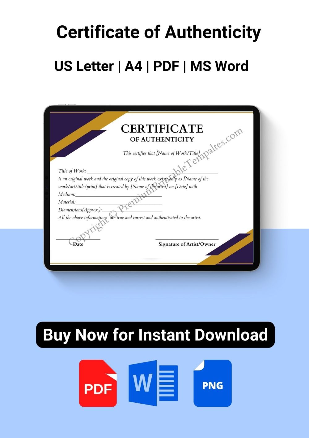 Certificate of Authenticity in PDF and Word