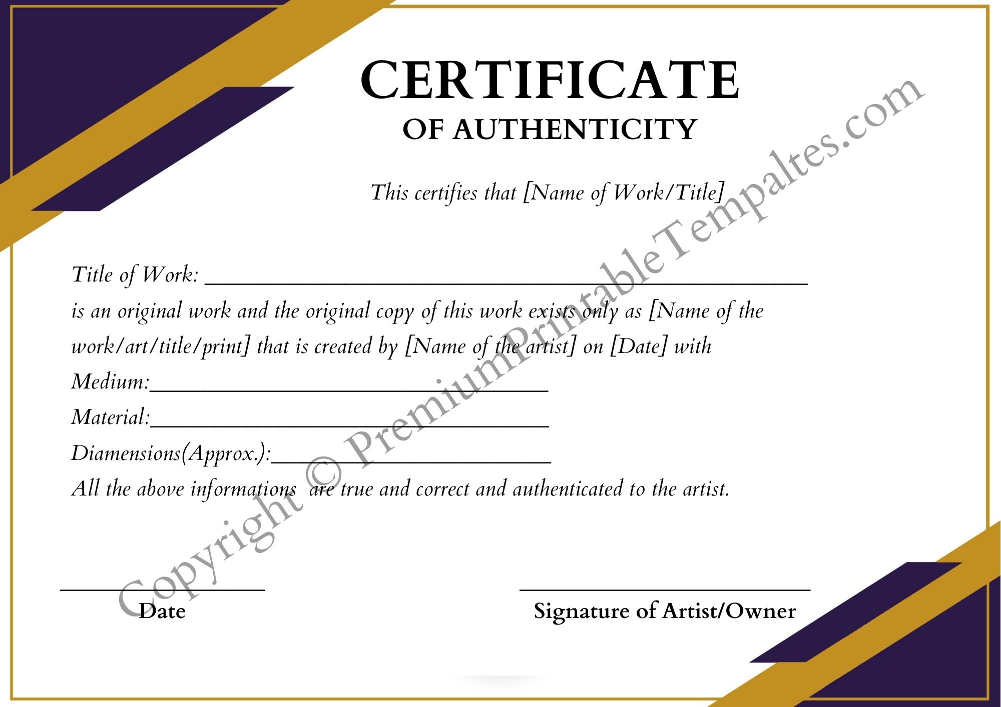 Certificate of Authenticity in PDF and Word - Premium Printable For Certificate Of Authenticity Template