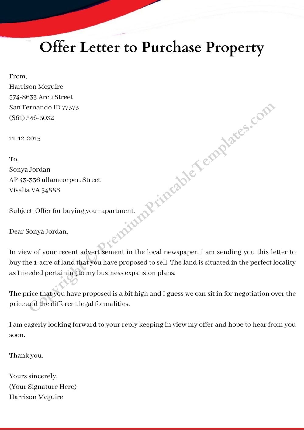 sample offer letter to purchase property