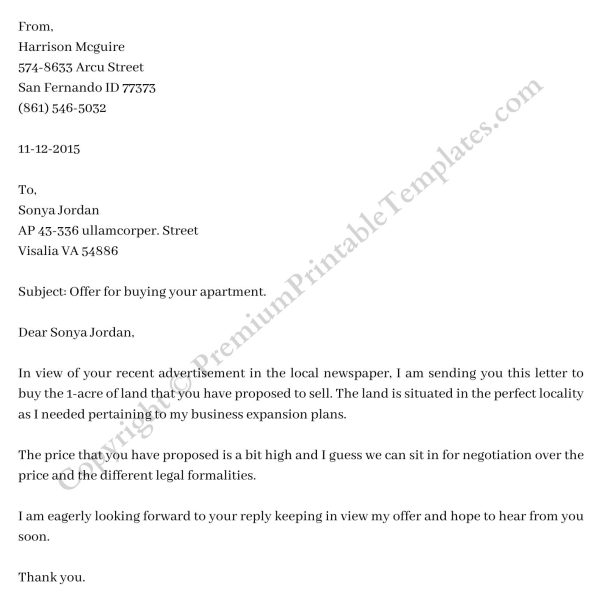 sample offer letter to purchase property