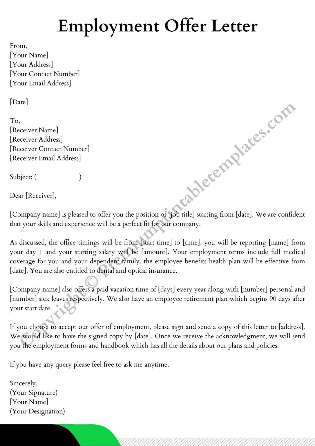 Employment Offer Letter Printable Template in PDF and Word Pack of 3