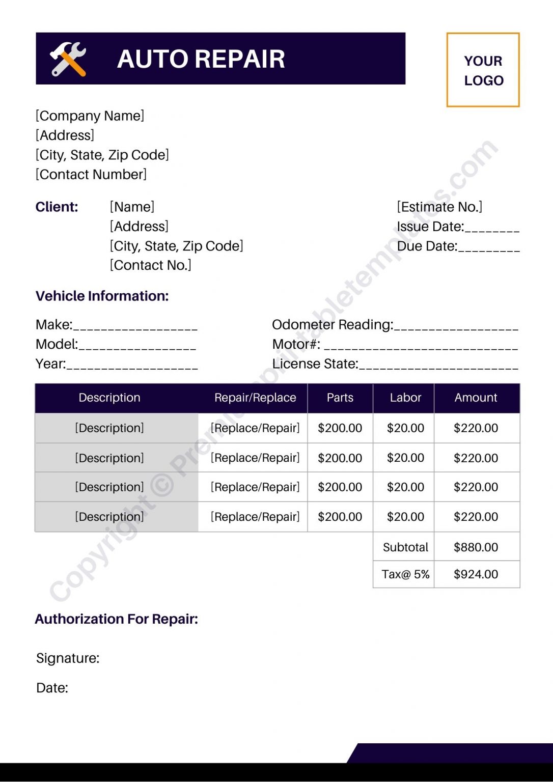 Auto Repair Estimate Template Printable in PDF and Word