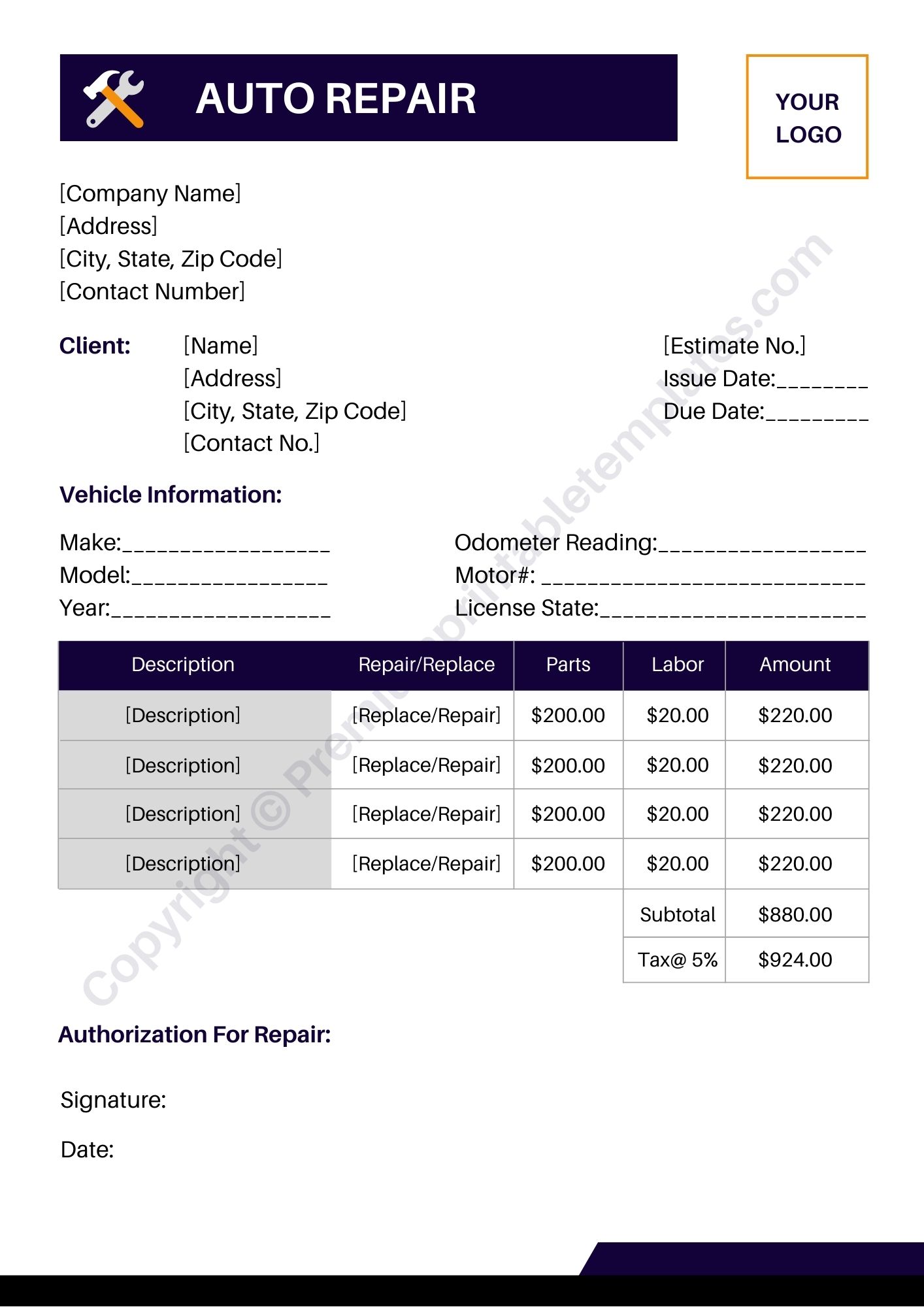 Auto Repair Estimate Template Printable in PDF and Word