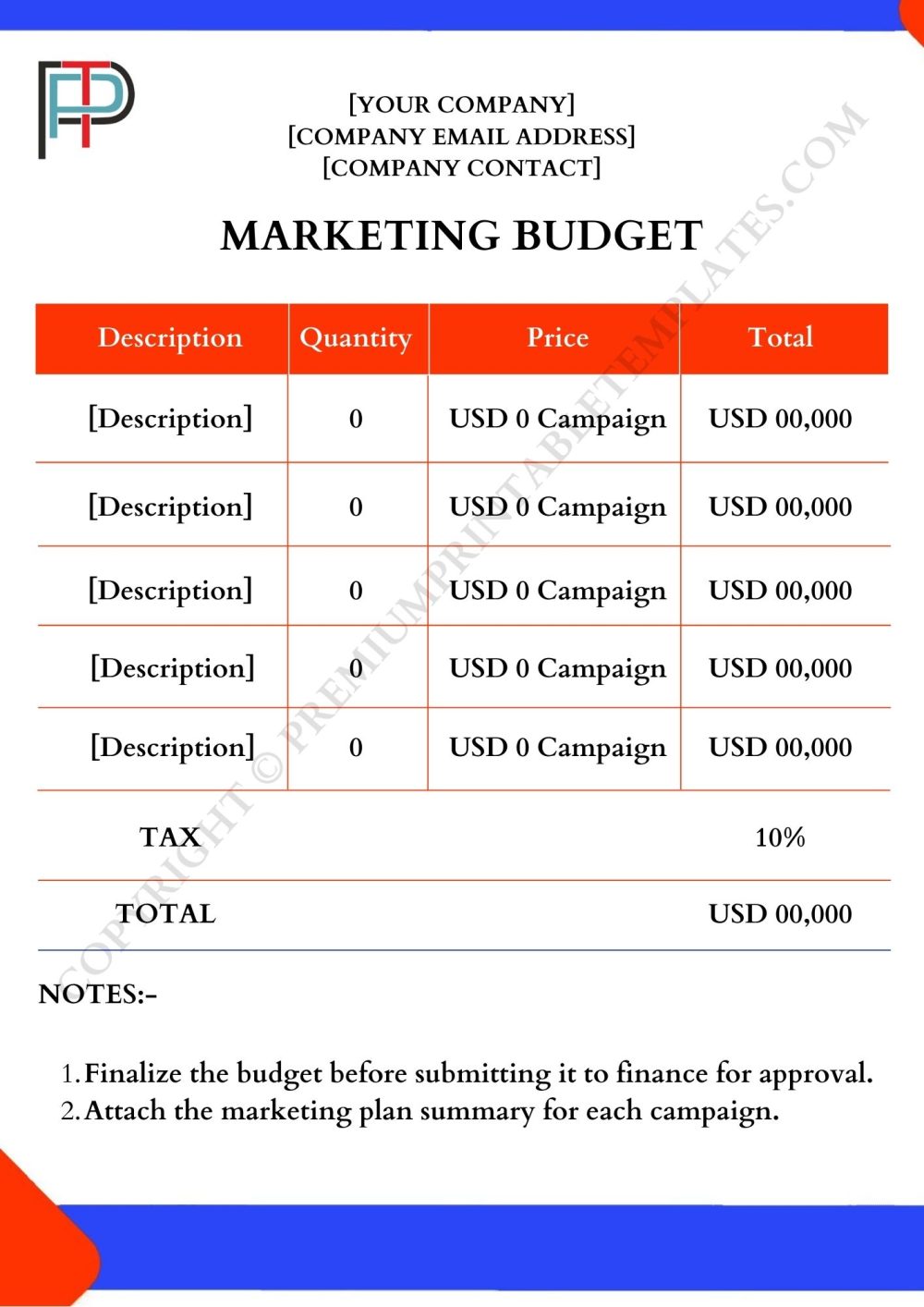 Marketing Budget Printable Template