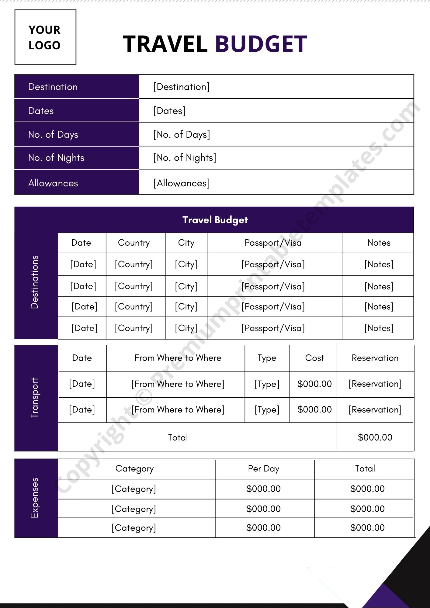 Travel Budget Template Printable in PDF and Word
