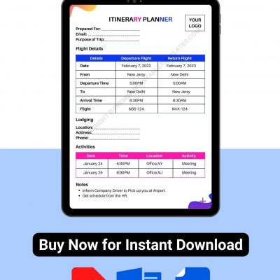 Itinerary Planner Template Printable in PDF and Word