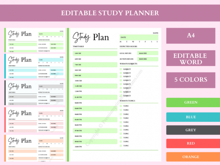 Study Planner Printable Template in PDF & Word [Pack of 5]