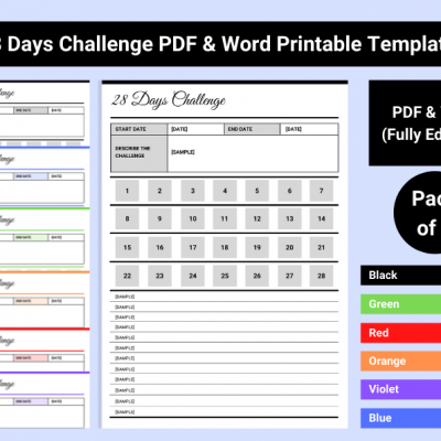 28 Day Challenge Template Printable in PDF &amp; Word [Pack of 6]