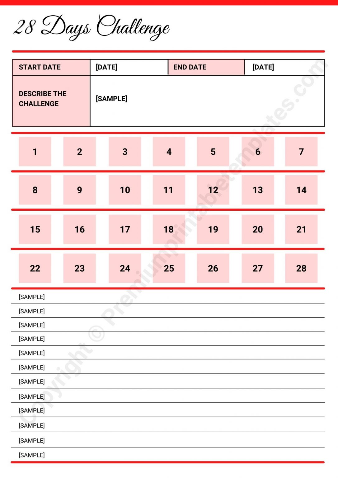 28 Day Challenge Template Printable in PDF &amp; Word [Pack of 6]