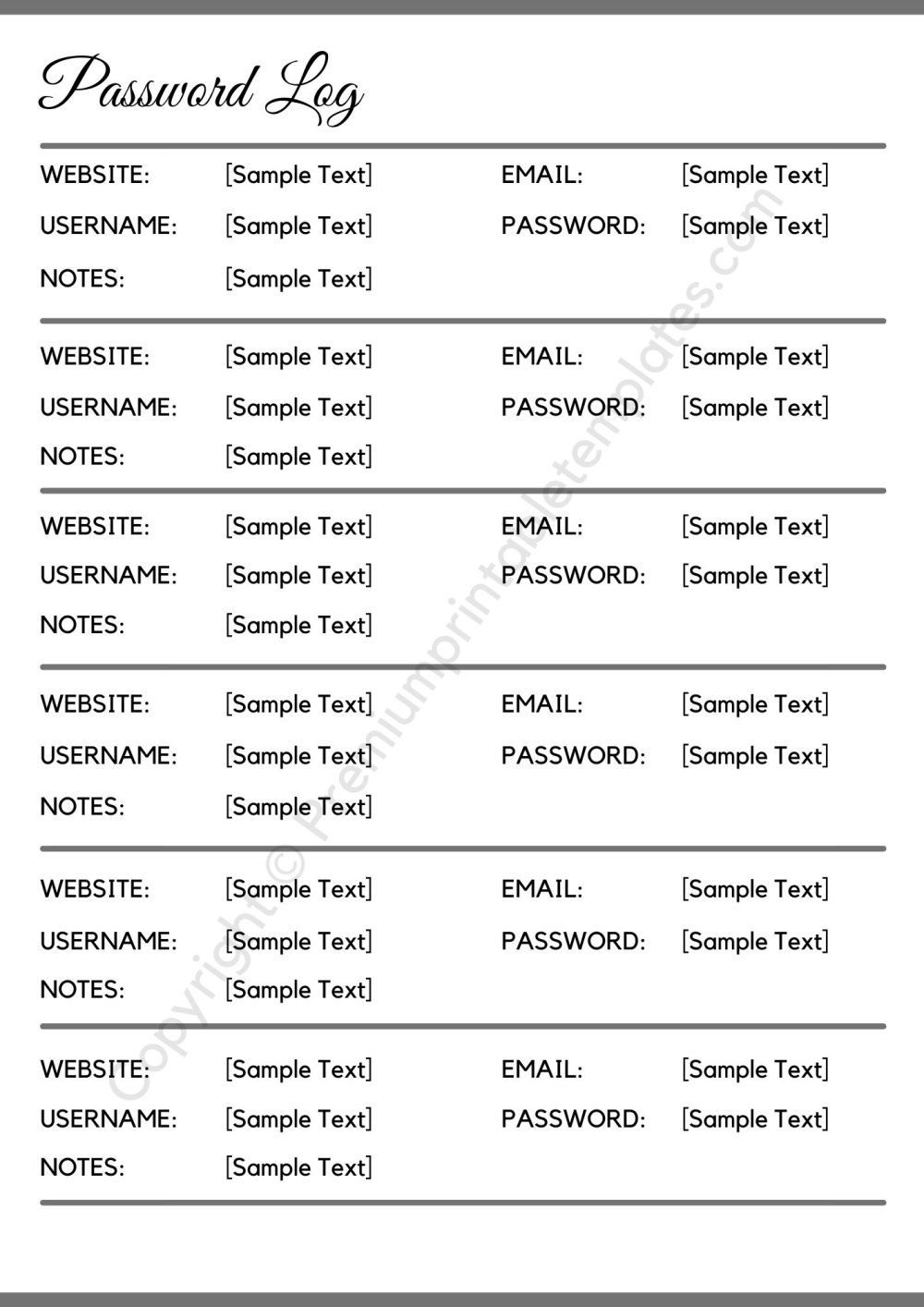 Password Log Template Word