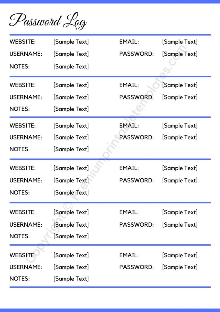 Password Log Template PDF