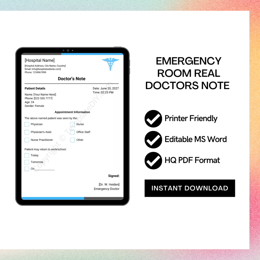 Printable Emergency Room Real Doctors Note for Work