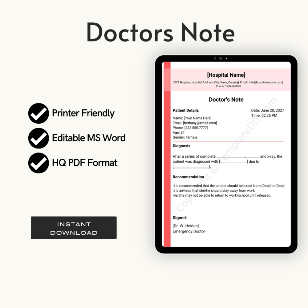 Editable Fillable Doctors Note for Work with Signature