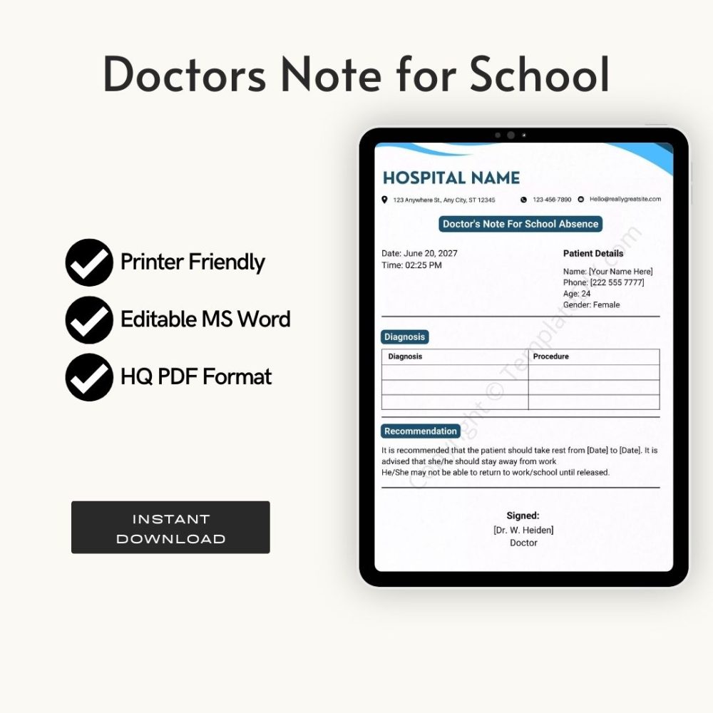 Doctors Note for School Absence Template