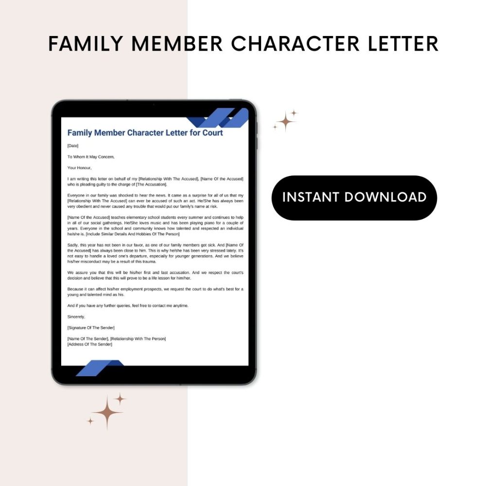 Family Member Character Letter for Court Sample in PDF & Word