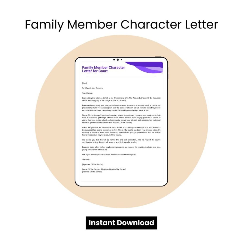 Family Member Character Letter for Court Sample in PDF & Word