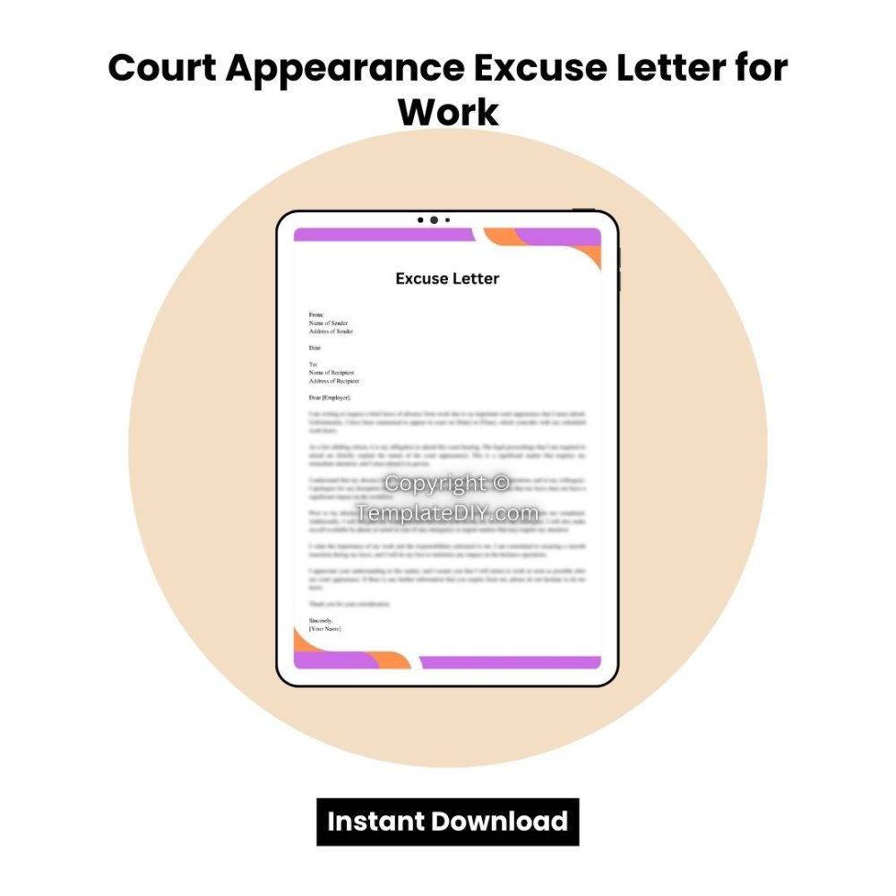 Court Appearance Excuse Letter for Work in PDF and Word