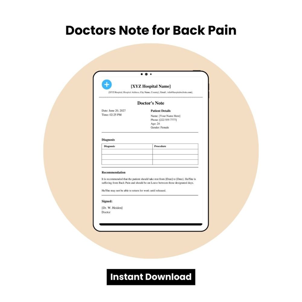 Doctors Note for Back Pain Word