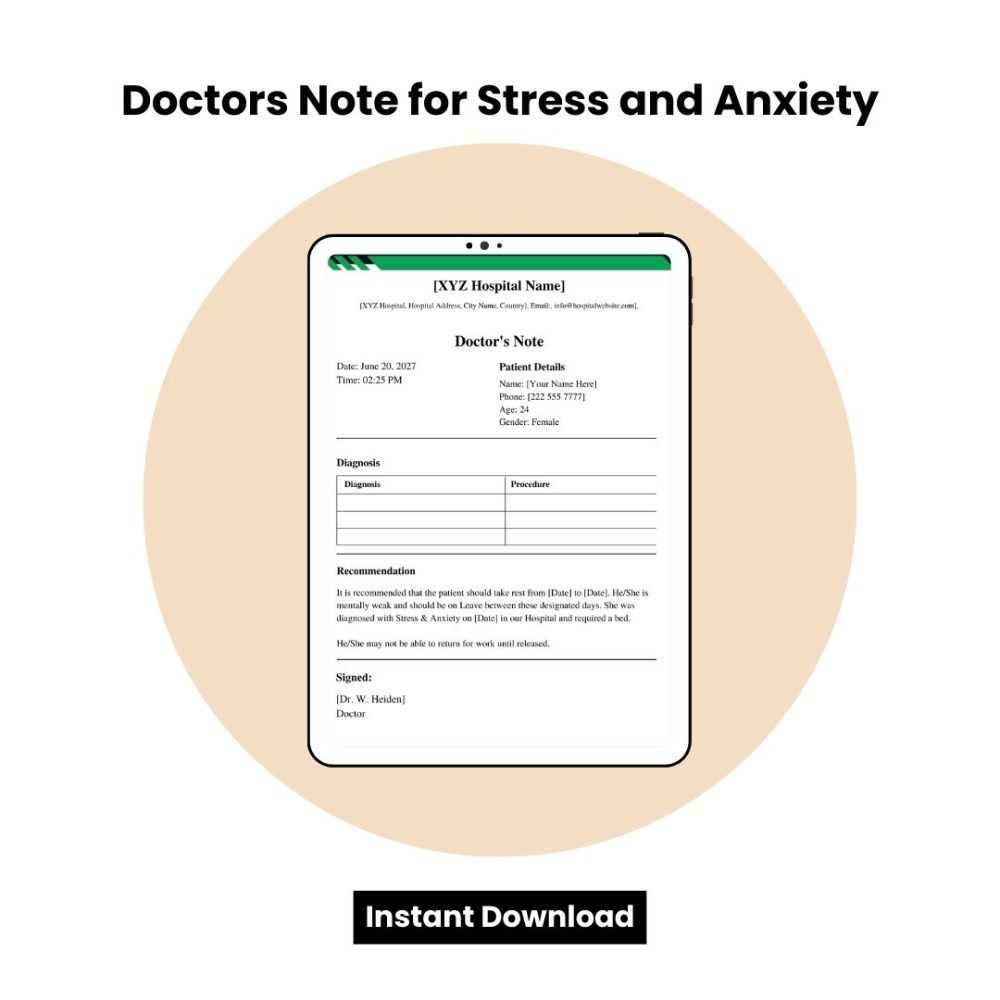 Doctors Note for Stress and Anxiety Word