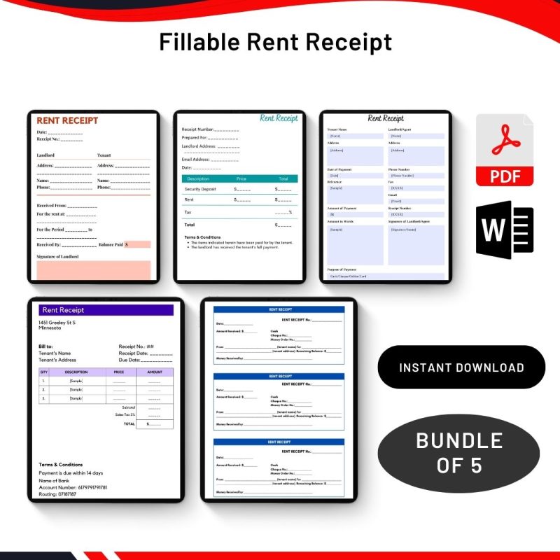 Fillable Rent Receipt Printable Template [Pdf & Word] (Pack of 5)