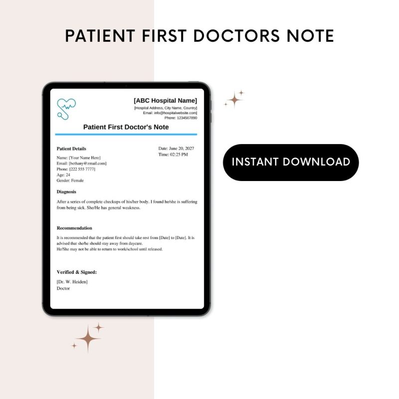 Patient First Doctors Note Template Printable in PDF & Word
