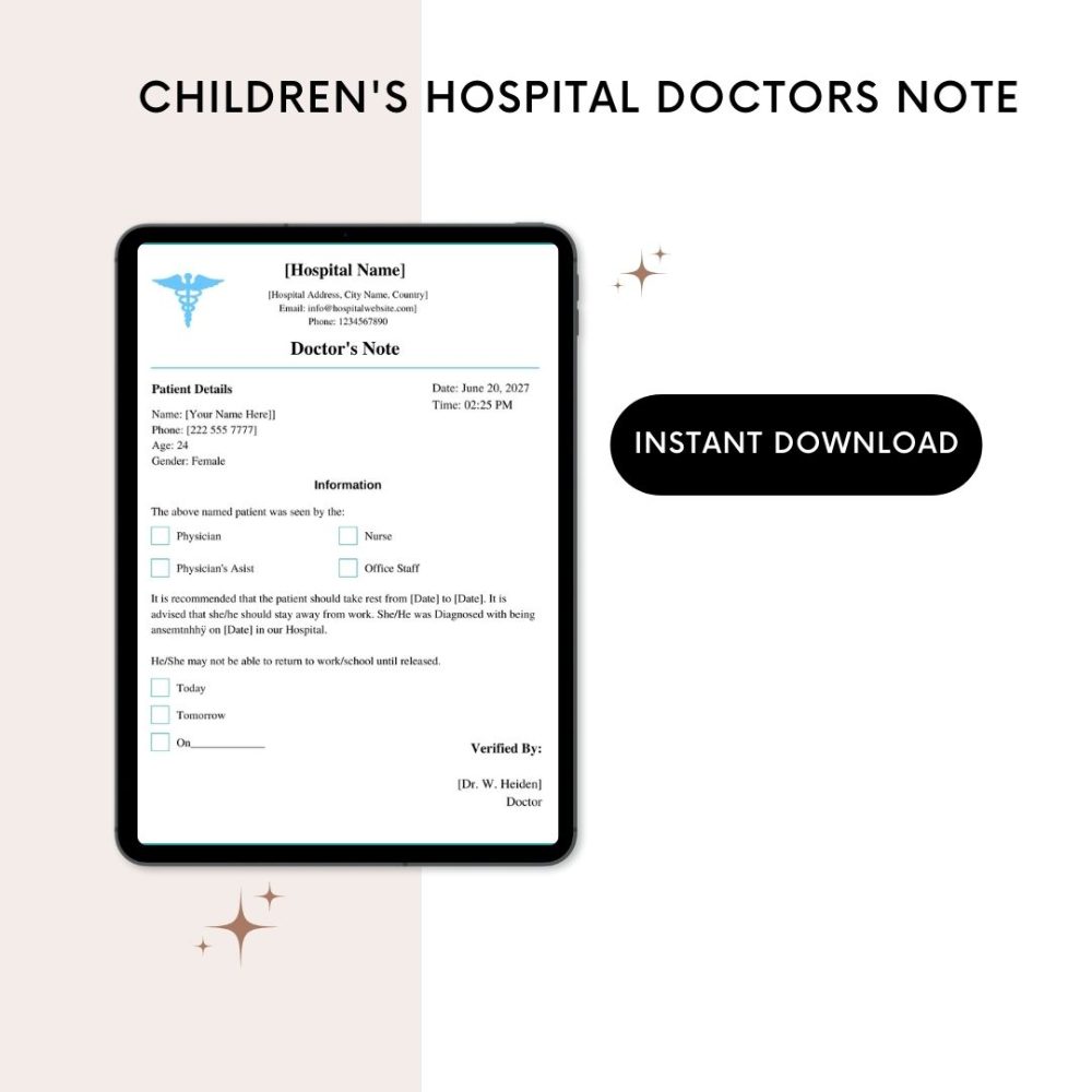 Printable Children's Hospital Doctors Note