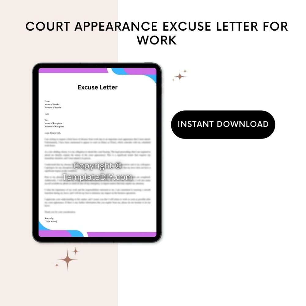 Printable Court Appearance Excuse Letter for Work