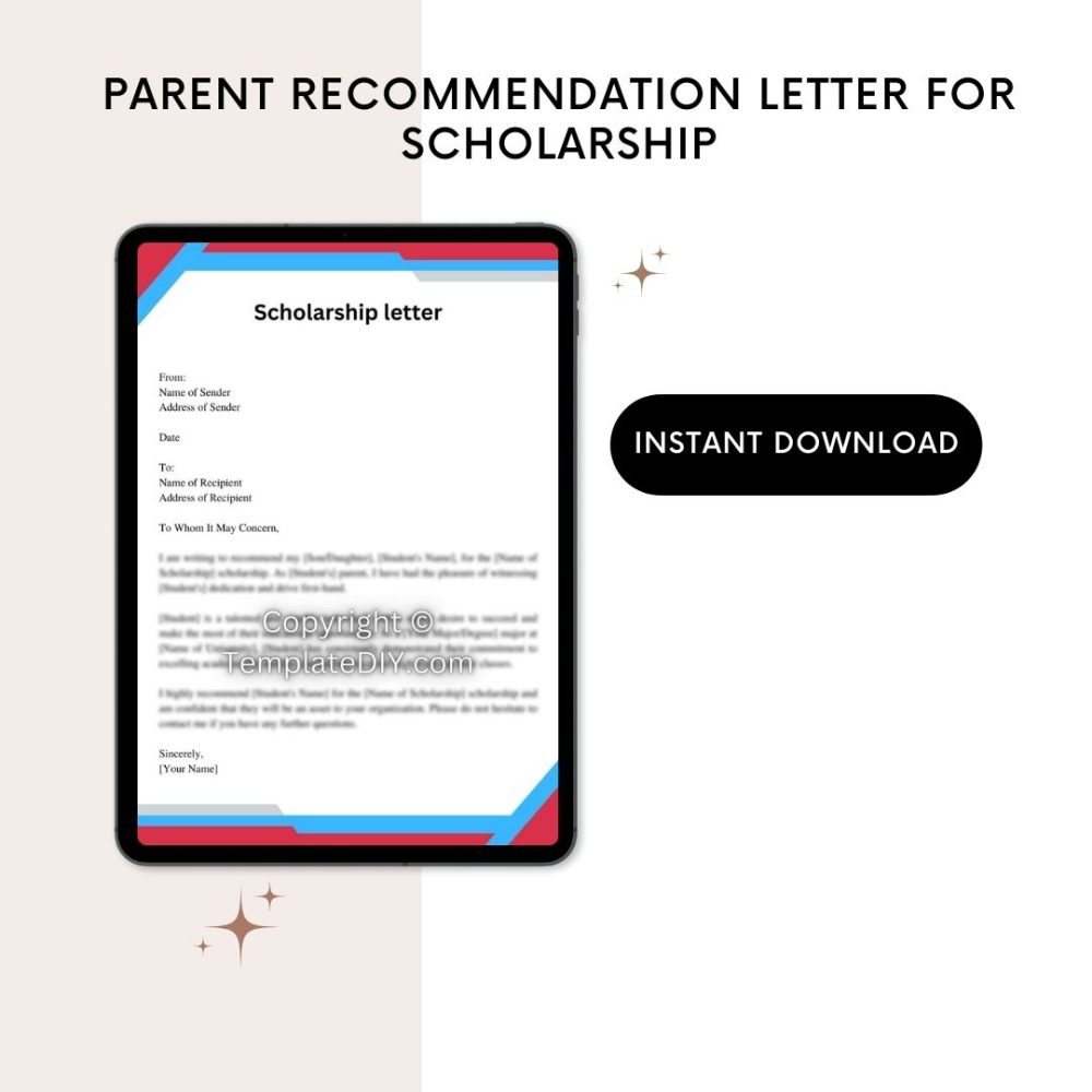 Printable Parent Recommendation Letter for Scholarship
