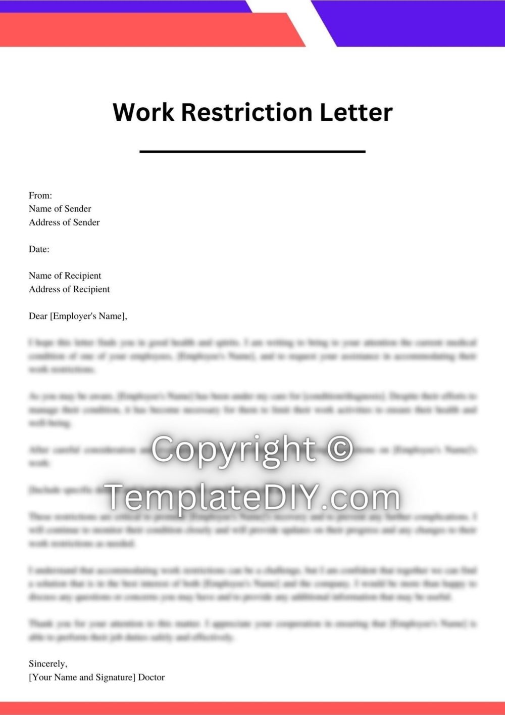 Printable Sample Work Restrictions Letter from Doctor