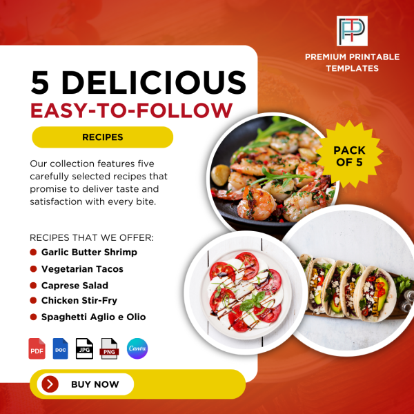 5 Delicious Easy-to-Follow Recipes - Download in PDF, JPG, Word, Canva & PNG